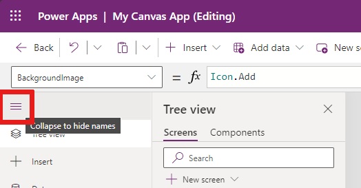 Captura de ecrã que mostra onde selecionar o ícone de vista de árvore para fechar o menu.