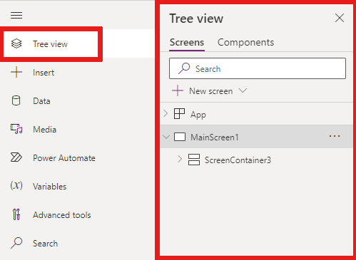 Captura de ecrã que mostra o painel Vista de árvore quando seleciona Vista de árvore no menu de criação.