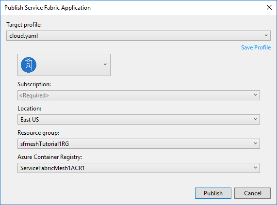 Caixa de diálogo de publicação do Service Fabric Mesh do Visual Studio