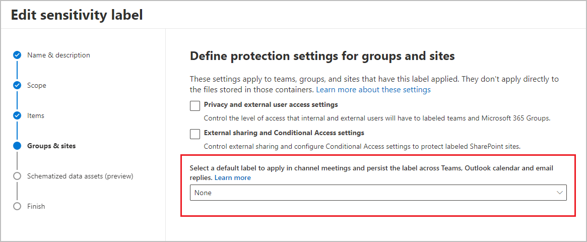 Captura de tela da opção para configurar um rótulo de confidencialidade padrão para proteger reuniões de canal e chat.