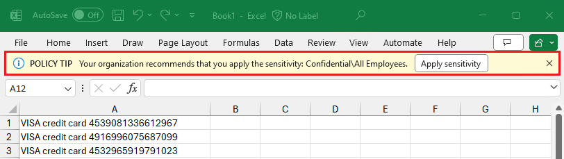 Prompt padrão para um usuário atribuir um rótulo de confidencialidade necessário no Excel.