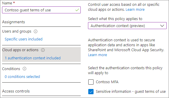 Captura de tela das opções de contexto de autenticação em aplicativos de nuvem ou configurações de ações para uma política de acesso condicional.