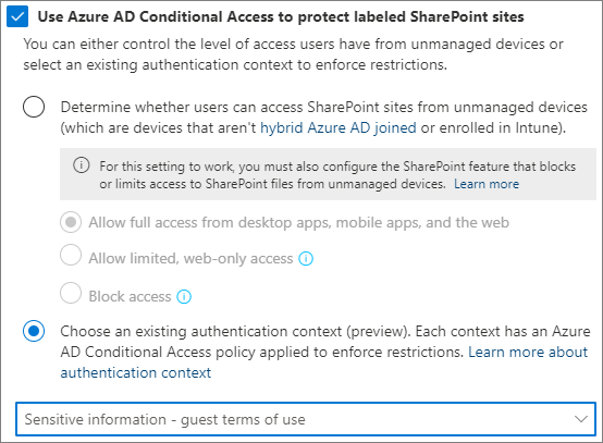 Captura de tela das configurações do rótulo de confidencialidade de contexto de autenticação Microsoft Entra