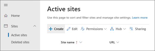 O botão Create na página Sites ativos.