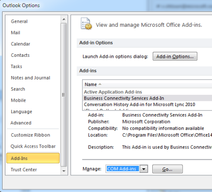 Captura de ecrã a mostrar que os Suplementos COM estão definidos no menu Gerir.