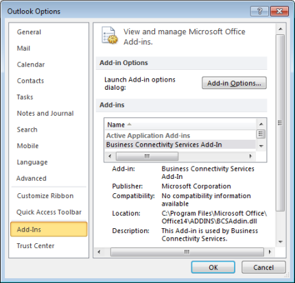 Captura de ecrã que mostra a página de definições do Add-Ins nas Opções do Outlook.
