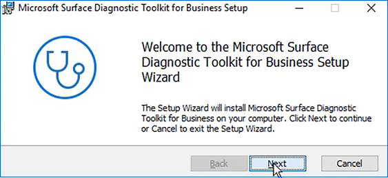 Captura de tela que mostra o início do assistente de instalação do Surface Diagnostic Toolkit.