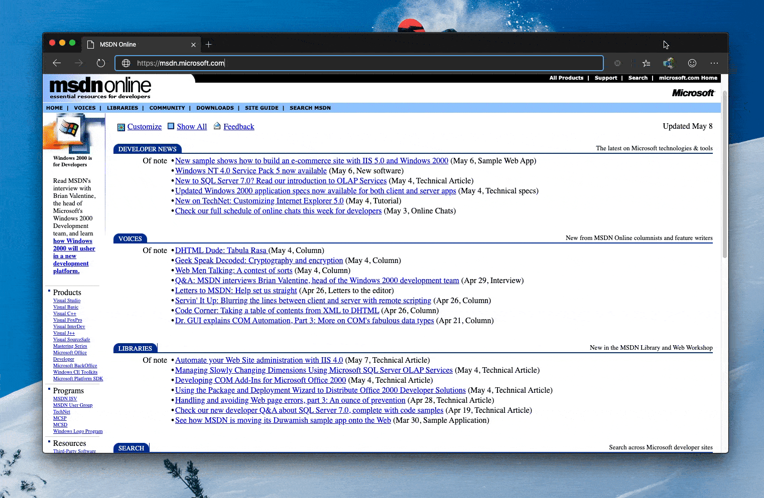 Captura de ecrã a mostrar o MSDN Online em 1999