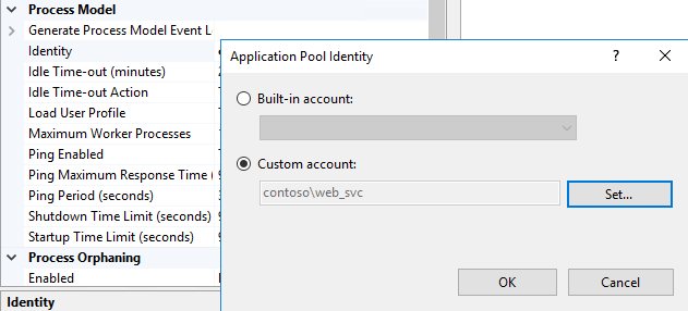 Configure a Identidade do Pool de Aplicativos como a conta de serviço personalizada.