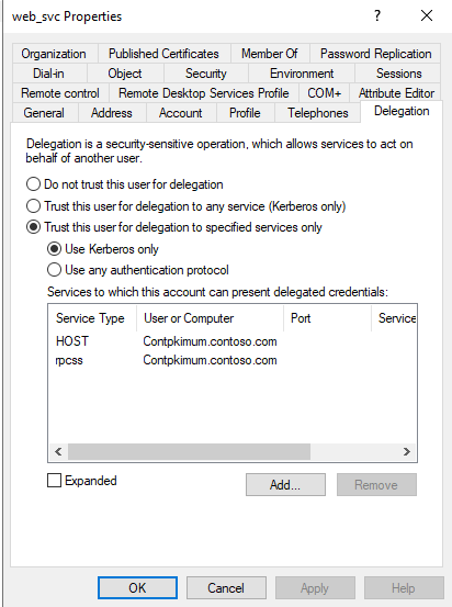 Configure web_svc propriedades na guia Delegação na caixa de diálogo Propriedades.