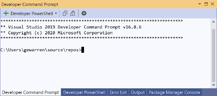 Screenshot of the Visual Studio terminal showing multiple tabs.