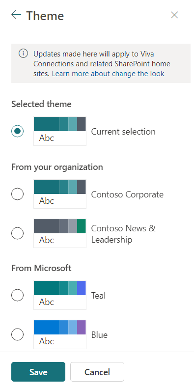 Captura de tela mostrando exemplos de temas criados pela organização e temas padrão da Microsoft.