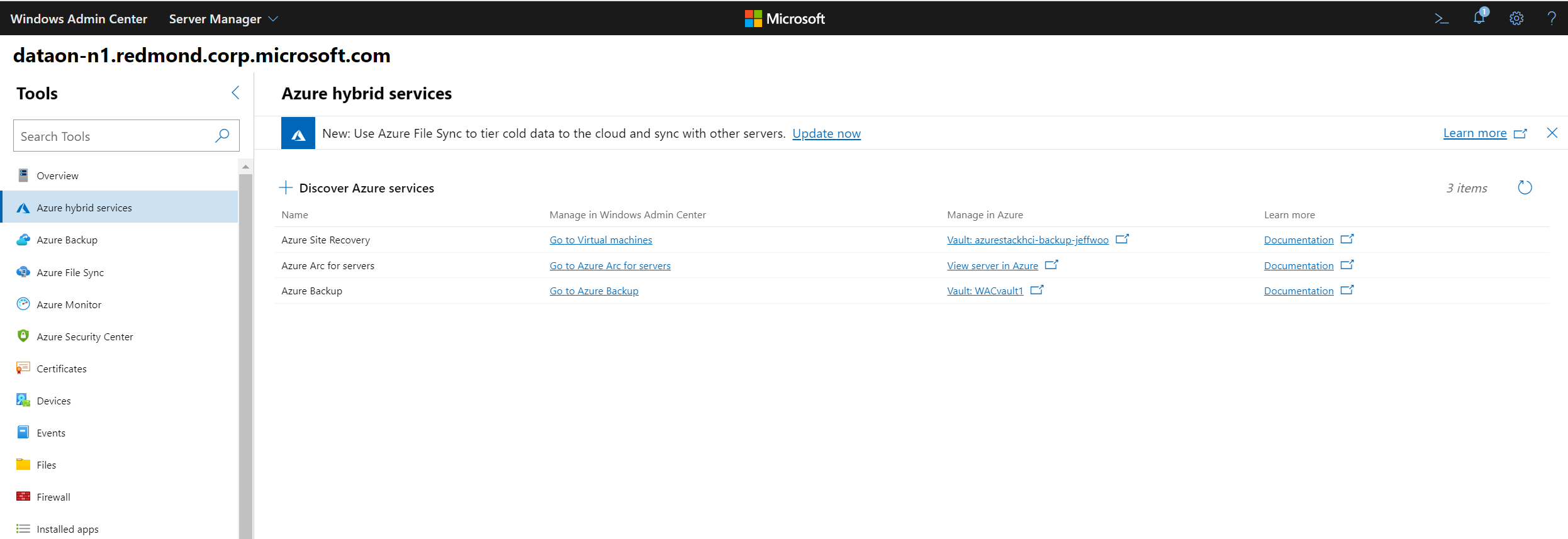 Screenshot of Windows Admin Center showing Azure services that are already installed on the server