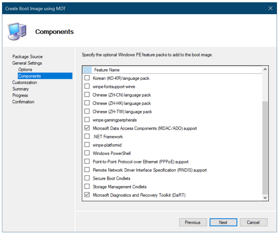 Adicione o componente DaRT à imagem de inicialização Configuration Manager.