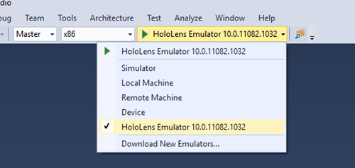 HoloLens Emulator na lista de destinos de implementação