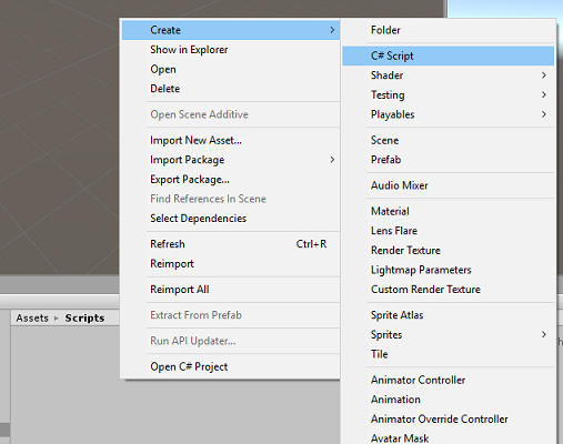Captura de ecrã a mostrar as opções do menu onde as opções Criar e Script C# estão selecionadas.