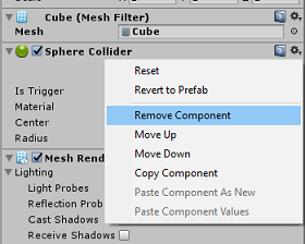 Captura de ecrã a mostrar o menu Colisor do Sphere. Remover componente está selecionado.