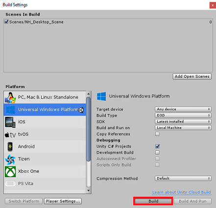 Captura de ecrã que mostra a janela Definições de Compilação com Plataforma Universal do Windows selecionada e o botão 