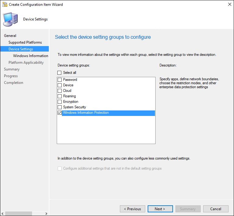 Criar assistente de Item de Configuração, escolha as configurações do Windows Proteção de Informações.