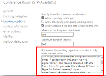 Screenshot displaying Set HTML booking options.