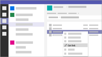 Diagram of a Microsoft Teams window, showing Files tab and Get link on the menu.