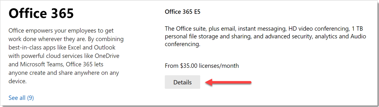 The Office 365 section has a Details button to click.