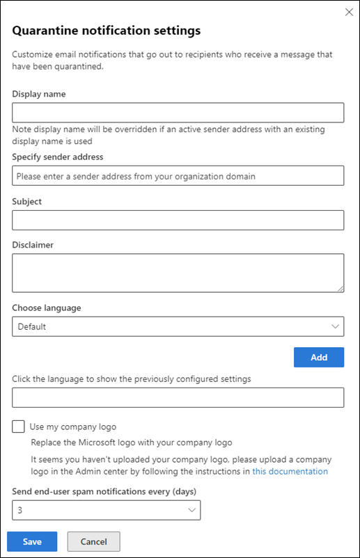 Quarantine notification settings flyout in the Microsoft 365 Defender portal.