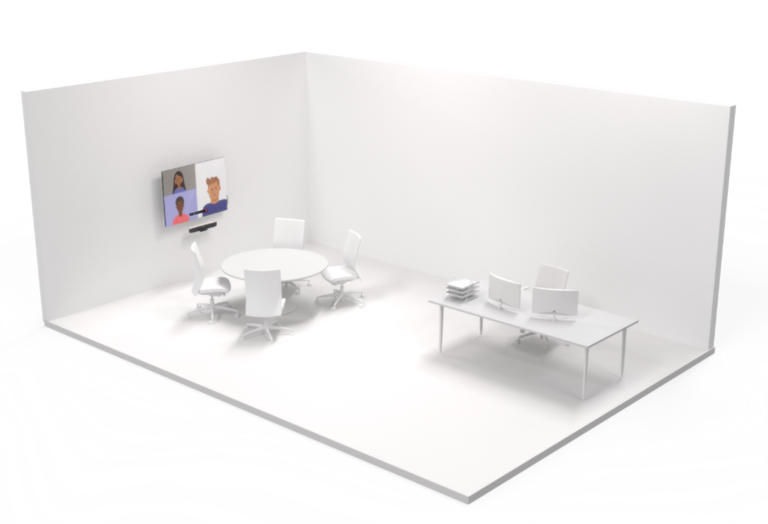 Render of private working space with separate meeting and workspace.