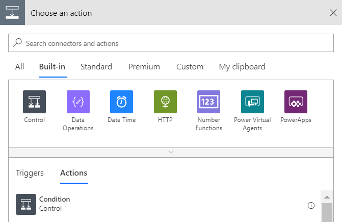 Screenshot to add a new condition action in the Choose an action window.