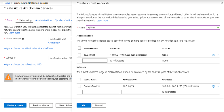 Create a virtual network and subnet for use with Microsoft Entra Domain Services