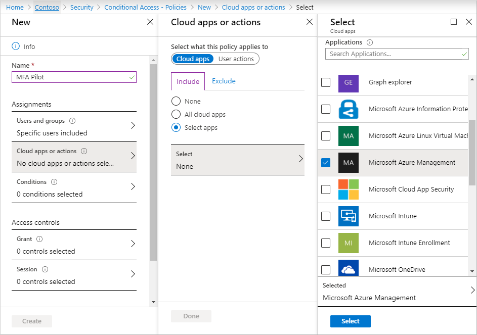 Select the Microsoft Azure Management app to include in the Conditional Access policy