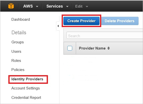 Screenshot of IAM page, with Identity Providers and Create Provider highlighted