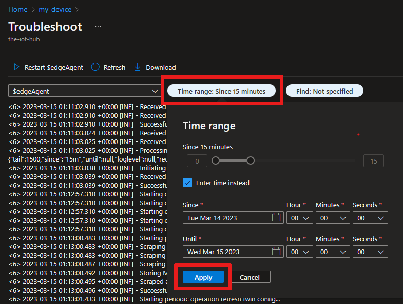 Screenshot showing how to choose a time or time range from the time range popup filter.
