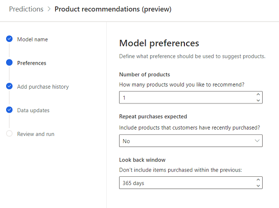 Preferințe de model pentru modelul de recomandare a produsului.