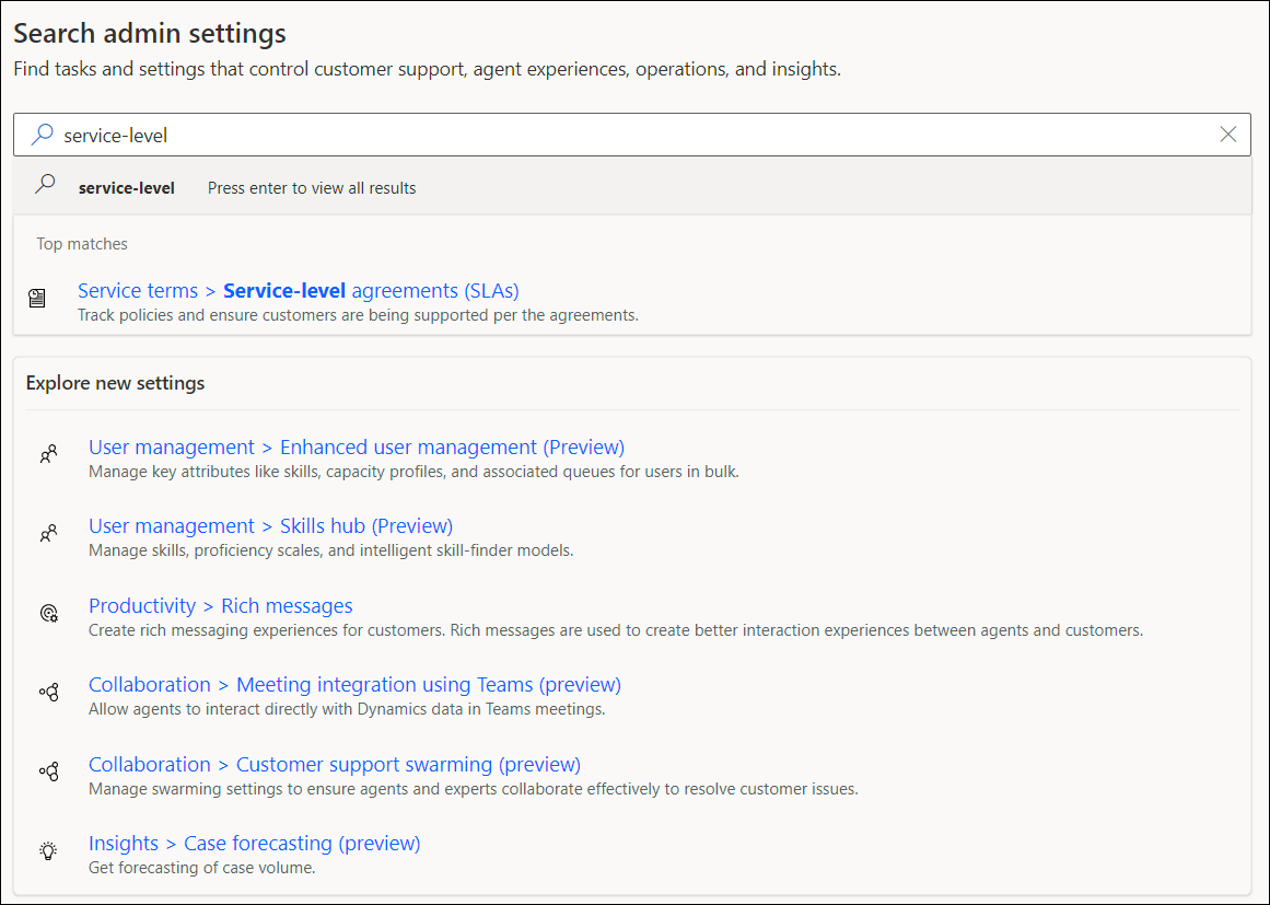 Captură de ecran a paginii de setări ale administratorului de căutare care listează noile setări de funcții și setări care se potrivesc cu șirul de căutare.