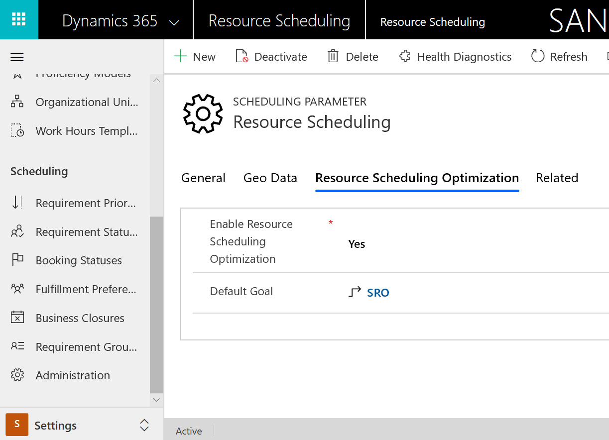 Captură de ecran a unui parametru de planificare din Resource Scheduling Optimization filă.