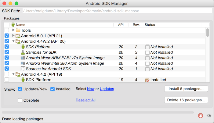 Example SDK Manager screenshot of enabling Android 4.4 and 5.0.1 components