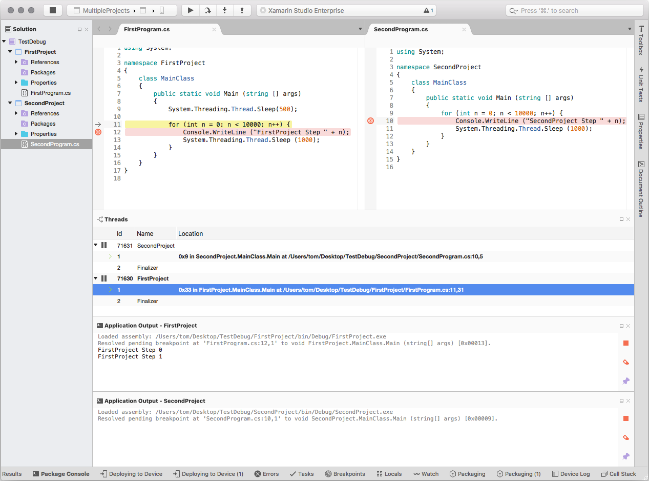 Visual Studio for Mac debugging two projects