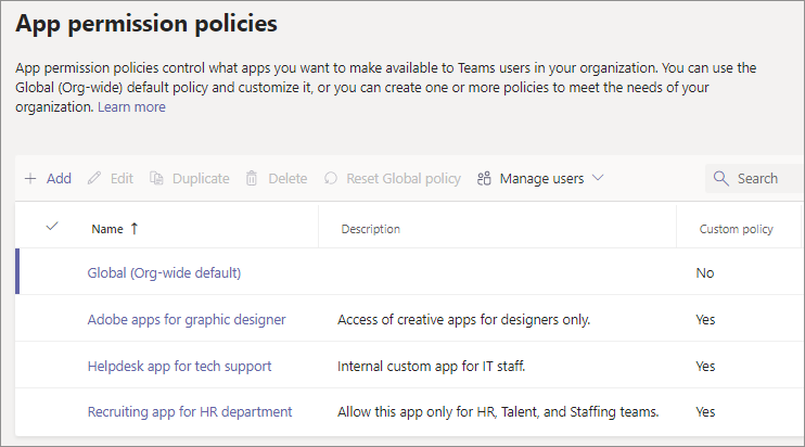 Снимок экрана: новая политика разрешений приложения, которая создается.