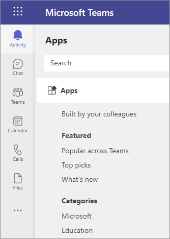 Снимок экрана: основные приложения, закрепленные в Teams по умолчанию.
