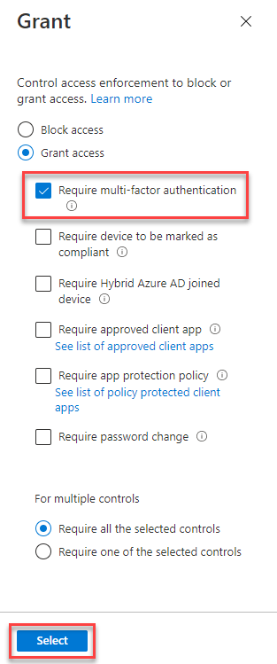A screenshot of the options for granting access, where you select 'Require multi-factor authentication'.