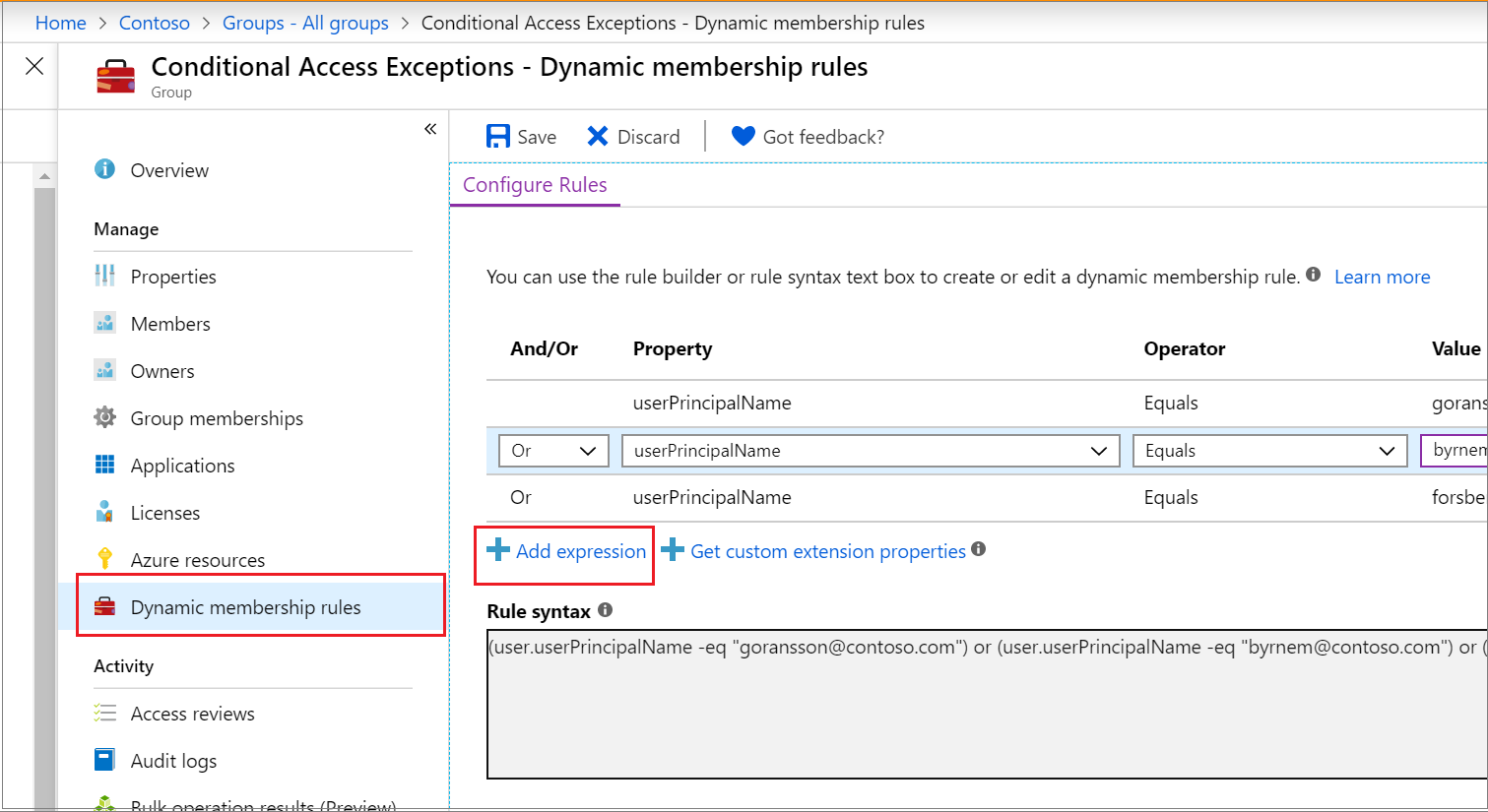 Screenshot that shows the Dynamic membership rules page with the Add expression action on the Configure rules tab selected.