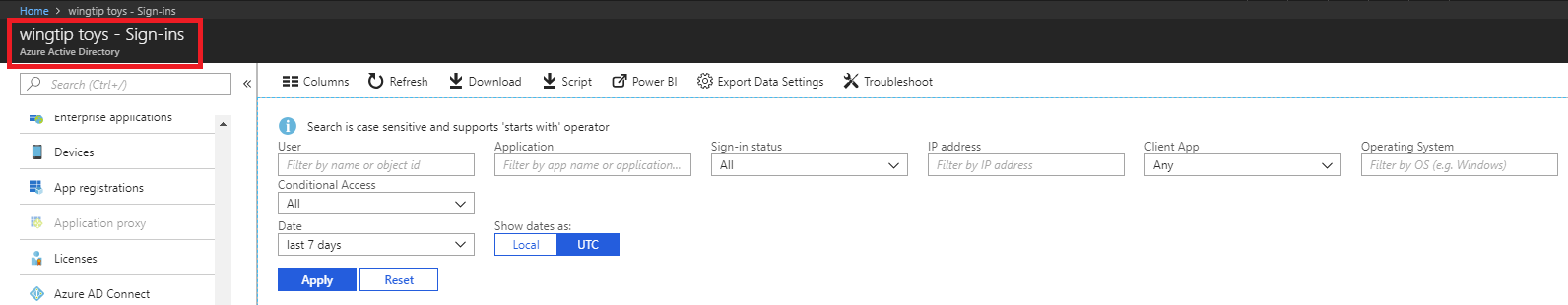 Screenshot shows Sign-ins for Azure Active Directory.