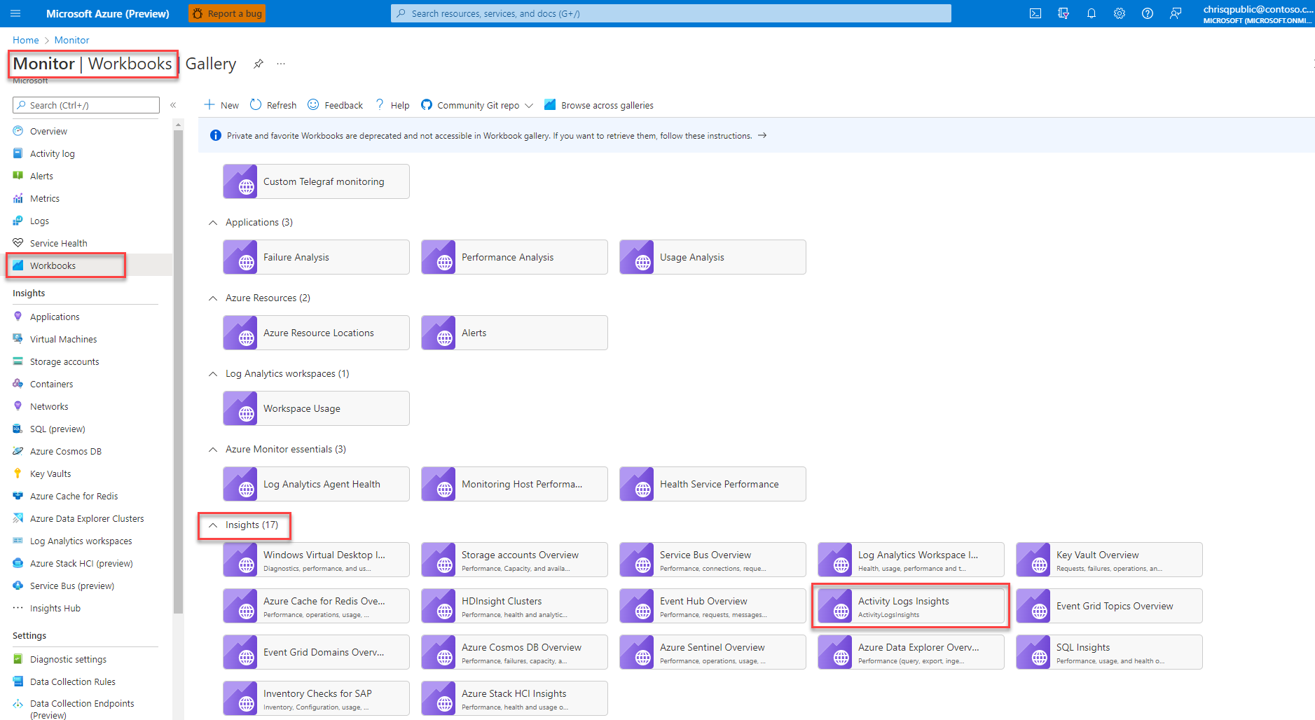 A screenshot showing how to locate and open the Activity logs insights workbook on a scale level.
