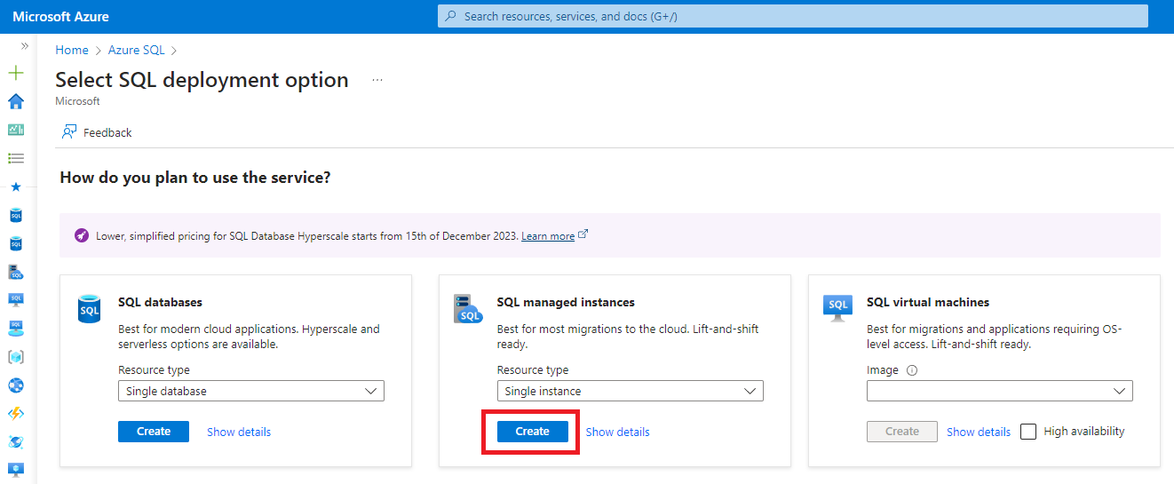 Снимок экрана: страница развертывания SQL в портал Azure.