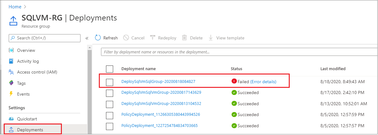 Снимок экрана: портал Azure, на котором показана сбой развертывания группы доступности в списке развертываний.