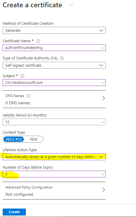 Снимок экрана создания сертификата на портале Microsoft Azure.