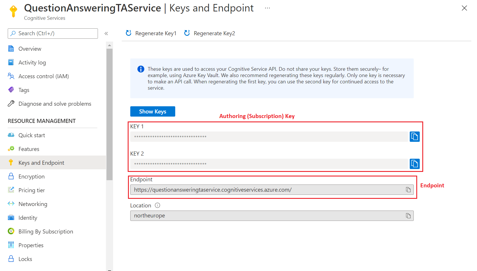 Var keys. Microsoft Azure cognitive services. Subscription Key.