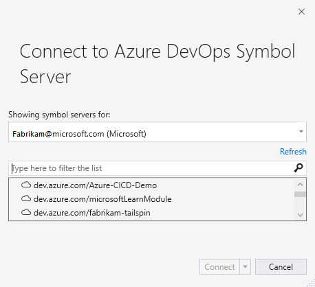 Подключение на сервер символов Azure DevOps