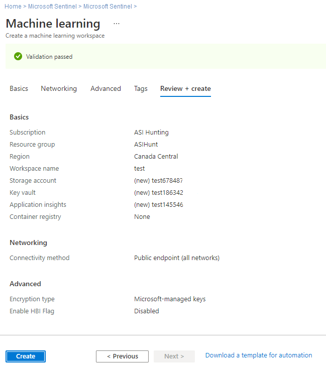Просмотрите и создайте рабочую область Машинное обучение из Microsoft Sentinel.